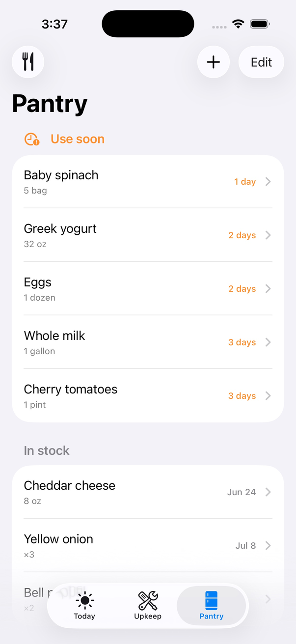 Roost Pantry tab grouped into Use soon and In stock, with expiry badges on each item