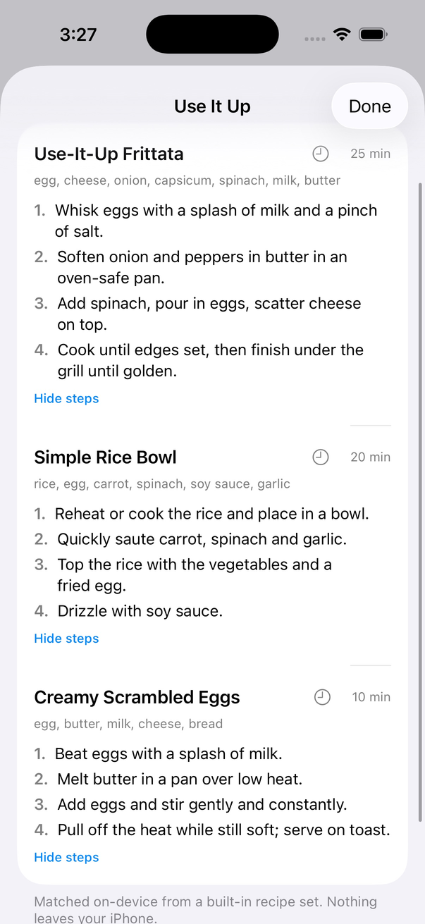 Use It Up screen suggesting recipes from expiring pantry items, generated on-device