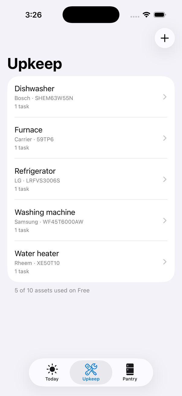 Roost Upkeep tab listing appliances with model numbers, manuals and warranties