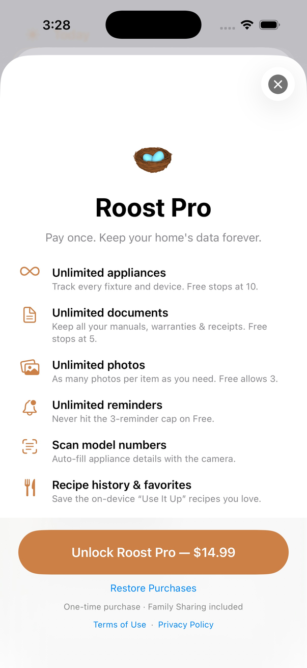 Roost Pro screen showing the one-time $14.99 purchase — no subscription