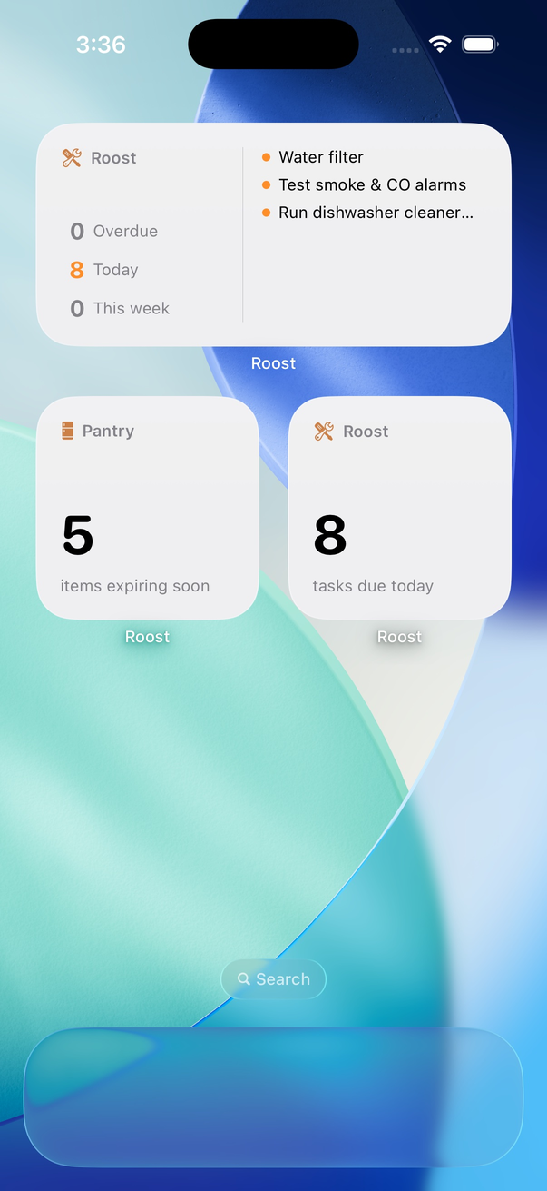 Roost widgets on the iPhone Home Screen showing tasks due and pantry expiries